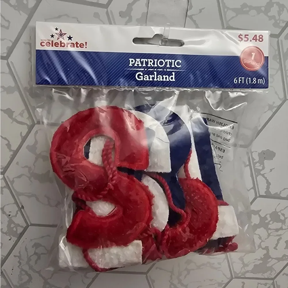 4th of July, Patriotic Stars & Stripes Fabric Garland, Red/White/Blue, 6'